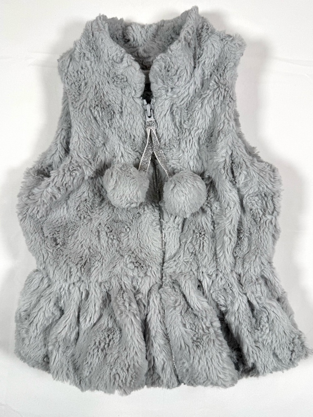MUD PIE Girls Faux Fur Zip Vest M 24M-2T-3T Pom Pom Peplum Boutique Cozy Holiday